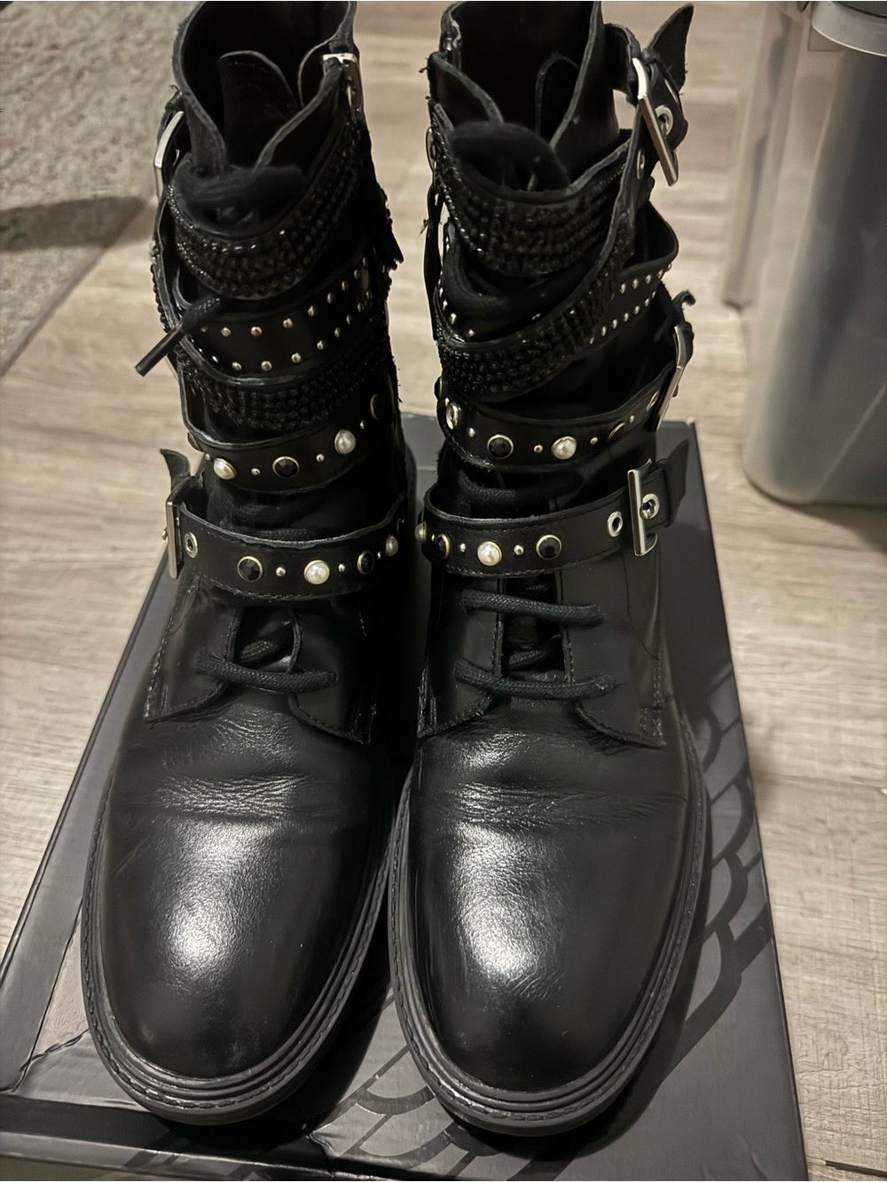 Zara Black Studded Buckle Lace-Up Moto Boots